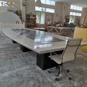 USA Custom Design Boat Shape 4.5m Long Solid Surface Marble Office White Conference Table With Power Outlets