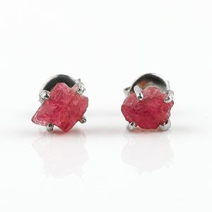 Natural Ruby Raw Crystal <b>Stud</b> Earrings For Women Pink Claw Setting Everyday Wear Fine Gemstone Jewelry - Product Image 5