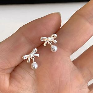 S925 Sterling Silver Frosted Matte Bow <b>Pearl</b> <b>Earrings</b> Sweet Exquisite and Compact High-End Design for Commuting - Product Image 2