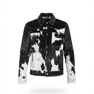 Chaqueta de Cuero para Hombre, Negra y Blanca, con Estampado Animal, Cuello Camisero, Cierre de Cremallera, Estilo Casual para Otoño - Product Image 1