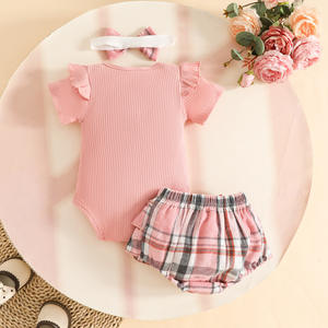 2026新作夏かわいい女の赤ちゃんコットンアニマルプリント半袖トップ + ショーツ + ヘアバンド3ピースセット - Product Image 4