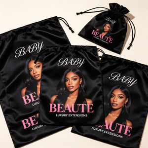 Custom Logo Luxury Black Satin Hair <b>Bag</b> Silk Drawstring Packaging Pouch For Wigs Hair Bundles Salon Supplies - Product Image 4