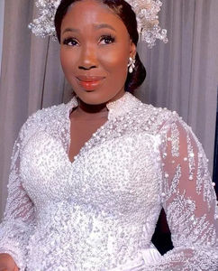 Mumuleo cuello en <span class=keywords><strong>V</strong></span> árabe Aso Ebi de talla grande perlas pesadas cuentas sirena vestido de novia ilusión manga larga satén vestidos de novia de lujo - Product Image 5