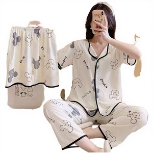 ชุดนอนผู้หญิงลำลองเอวยางยืดผ้าฝ้ายสามชิ้น ชุดนอนฤดูร้อนแขนสั้น กางเกงขายาว ชุดนอนใส่บ้าน - Product Image 2