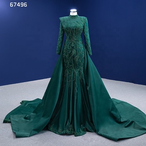 Rsm67496 Nouvelle robe de soirée élégante en satin brodé vert musulman avec traîne détachable 2022 - Product Image 1