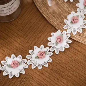 Eco friendly Narrow Lace Fabric For Lady Dress Flower Eyelet Embroidery White Lace Trim