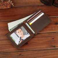 Dompet Lipat Kulit Crazy Horse Anti RFID, Jendela ID, Banyak Slot Kartu, Logo Kustom, Dompet Kulit Sapi Asli untuk Hadiah Pria