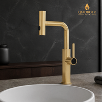 Robinet de lavabo moderne monotrou en or brossé avec douchette extractible haute et bouton pour lavabo sur colonne