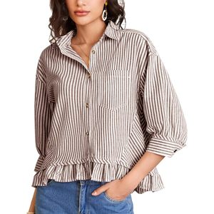 FOXA Blusa a rayas con botones para mujer, manga 3/4, dobladillo con volantes, top informal de algodón, camisa de verano con hombros caídos - Product Image 1