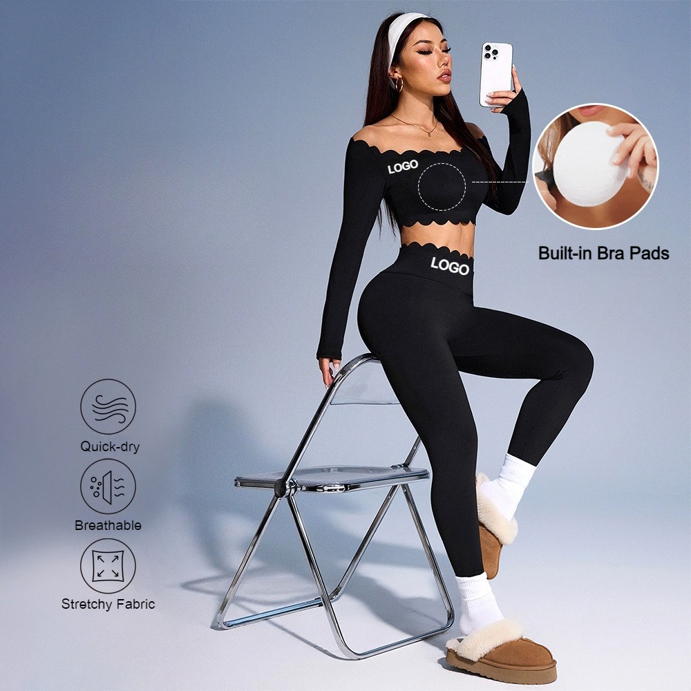 Custom LOGO Scallop Trim Off Shoulder Yoga Set Built In Bra High Waist Butt Lifting Workout Leggings 2Pcs Outfit