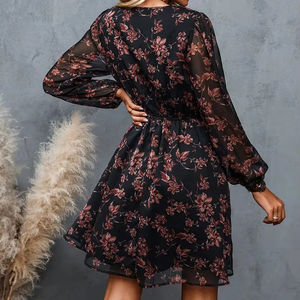 Vente chaude femmes décontracté col en v élégant en mousseline de soie imprimé Floral printemps Pivot robe manches longues été robe de plage - Product Image 3