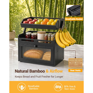 Panier à fruits double couche en bambou avec crochets, boîte de rangement pour pain, organisateur de comptoir de cuisine, compartiment couvert - Product Image 3