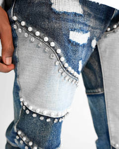 בגדי רחוב לגברים אופנתיים באיכות גבוהה, עיצוב טלאים עם אבני חן ופנינים בצבע אינדיגו בסגנון Y2K, עשויים כותנה דנים. - Product Image 6