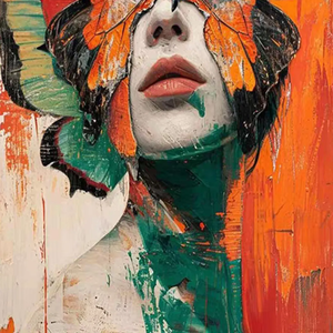 Dipinto Astratto di Donna con Farfalle, <span class=keywords><strong>Arte</strong></span> Murale Surreale Figurativa, Opera d'<span class=keywords><strong>Arte</strong></span> Originale Testurizzata in Arancione e Verde, Ritratto Moderno - Product Image 5