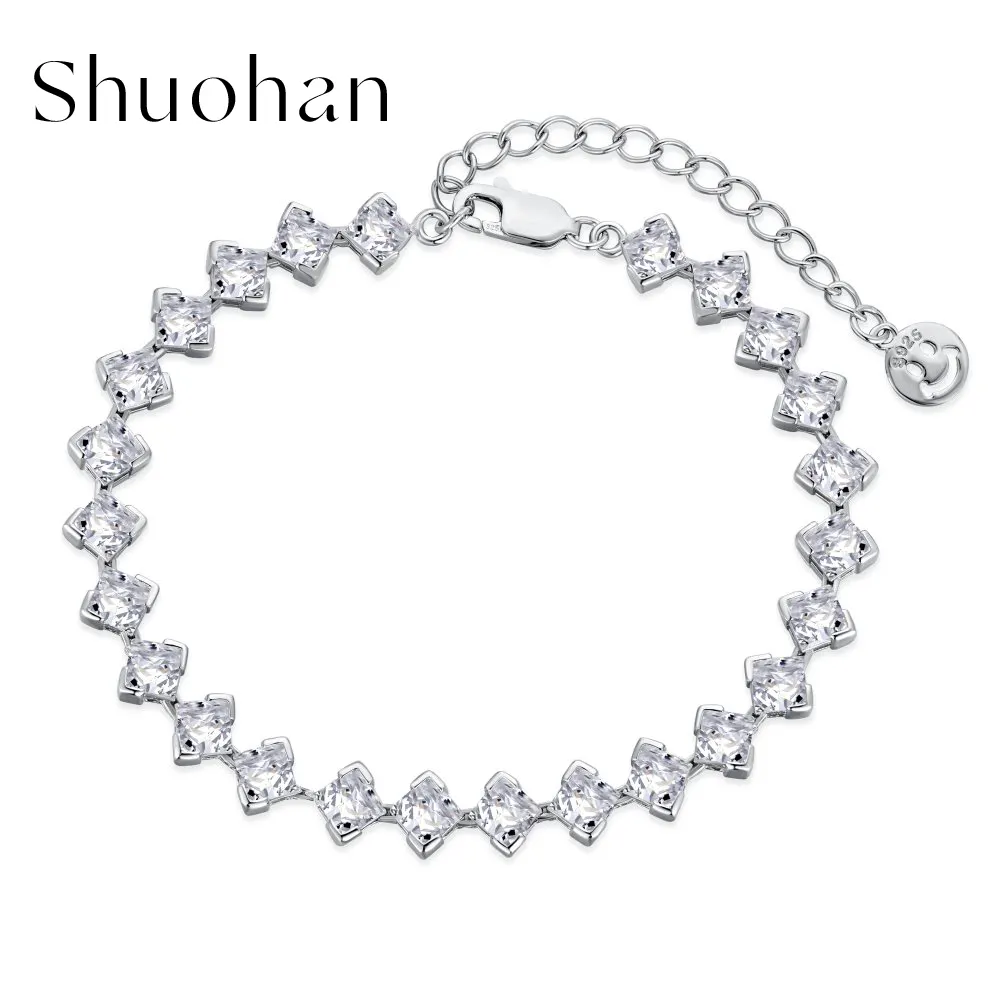 Shuohan Stylish 925 Sterling Silver Rhodium Plated 4mm Square Diamond 5A Cubic Zirconia Jewelry Bangle Tennis Bracelet