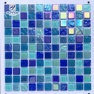 Grosir ubin mosaik kaca porselen 300x300mm ubin mosaik kolam renang mosaik keramik biru mengkilap
