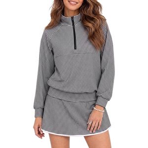Custom <b>Womens</b> 2 Piece Gingham Outfit Half Zip Sweatshirt Mini <b>Skort</b> Set Stand Collar Long Sleeve Loose Fit Casual Above Knee - Product Image 1