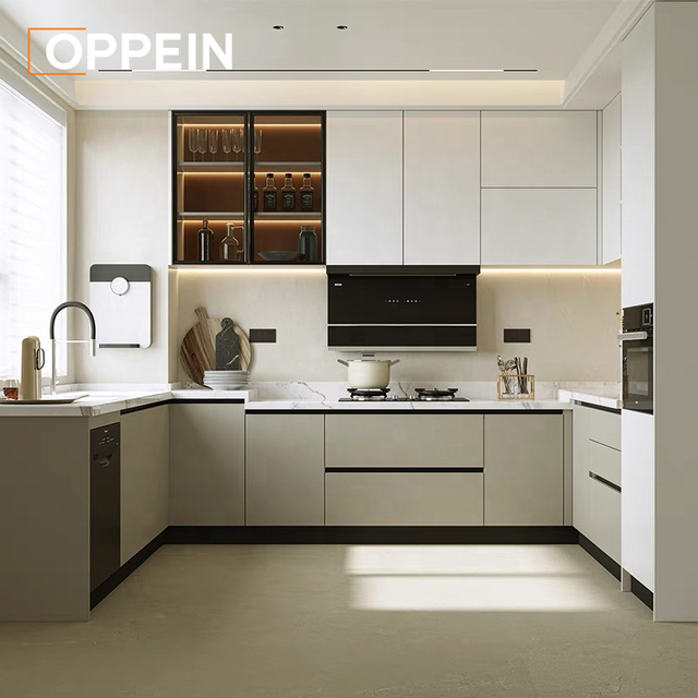 OPPEIN Designer White Grey Kitchen Cabinets Glass Doors Modern French New Style Sink Faucet Hinge Drawer Slide Backsplash