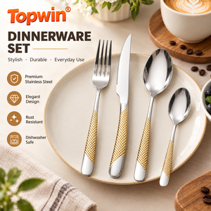 ชุดช้อนส้อมหรูหราสีเงินยาวขายดี ดีไซน์ลายตอกทอง - Product Image 1