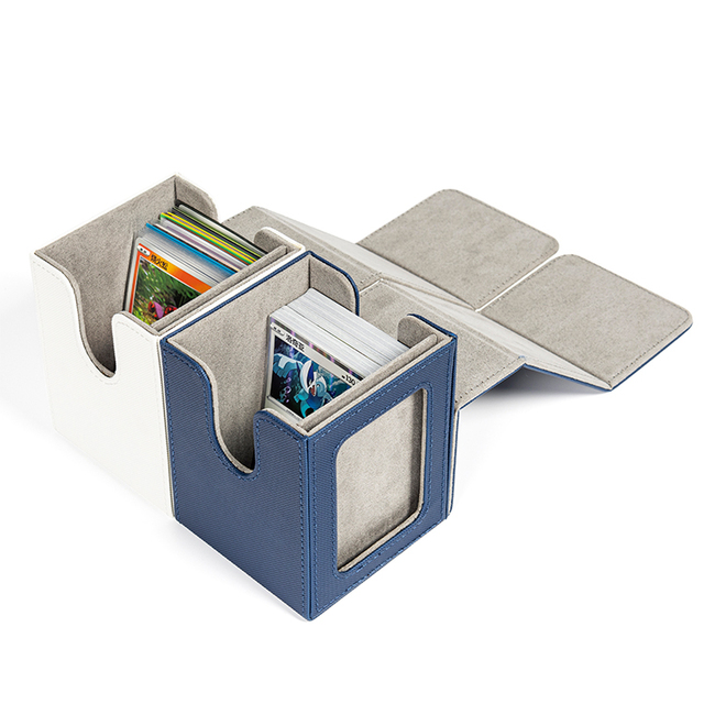 Trading Card Storage Box PU Leather Magnetic Lid 100 Card Capacity with Graded Slab Window for TCG Collectors Deck