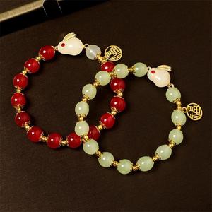 Chinese Style Jade Rabbit <b>Bracelet</b> For Women <b>Red</b> Beads Gold Accents Gift Jewelry - Product Image 2