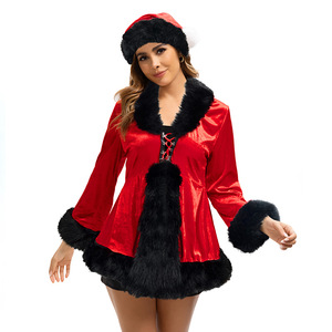 Yi Xiaoyi Disfraz navideño para mujer, abrigo de terciopelo rojo de Papá Noel con sombrero, talla adulta, para fiesta navideña - Product Image 3