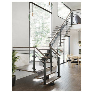 Escalera Moderna Interior de Acero con Viga Central, Escalones de Madera Maciza y Barandilla de Vidrio - Product Image 3