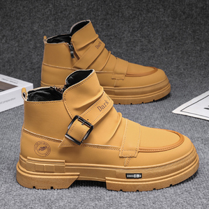 Men's Fashion Yellow Platform Boots Buckle Strap Zipper Closure Durable Anti Slip High Top Casual Boots For Daily Outdoor - Product Image 1