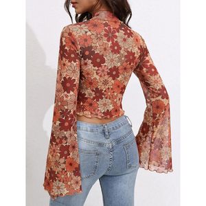 Women's Floral Print Sheer Mesh Crop <b>Top</b> Long Bell Sleeve Y2K Boho Shirt Everyday Wear - Product Image 2
