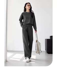 महिलाओं के शरद ऋतु के सुरुचिपूर्ण ऊन मिश्रण बुना हुआ चौड़ा पैर पूर्ण लंबाई में आराम से फिट नरम और स्वस्थ पैंट सेट फंगशेंग टी - Product Image 5