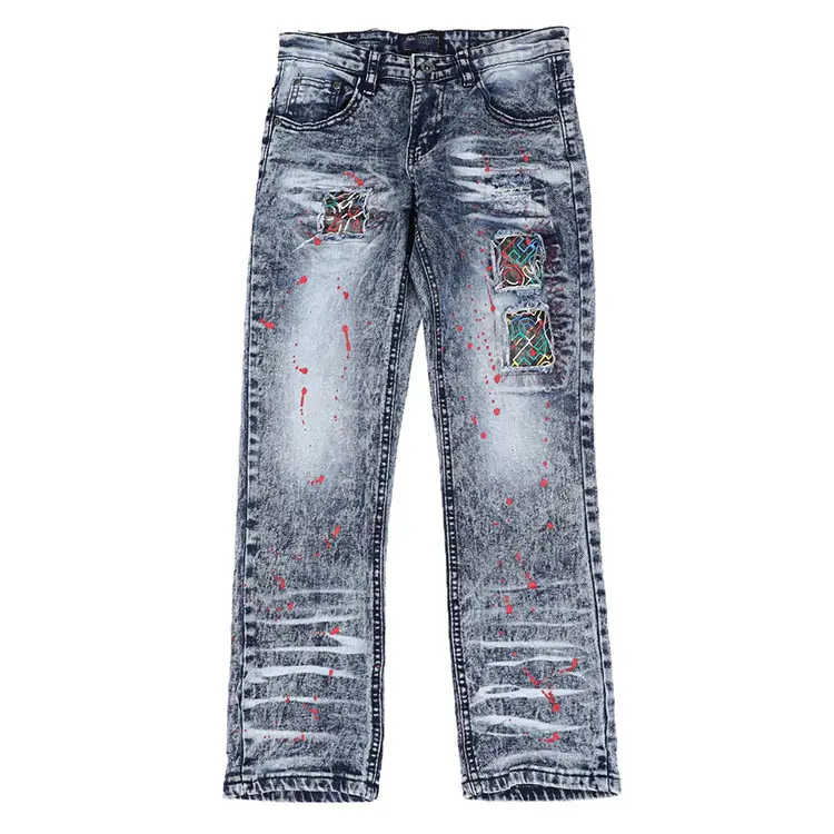 2021 neue Stile Großhandel Kinder Jungen Mode Winter schwere Farbe Splatter Rip und Reparatur Jeans