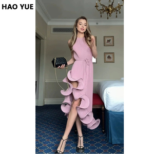 Abito lungo estivo europeo-americano sexy slim-fit con maniche a volant irregolari in raso e lacci in vita stile impero - Product Image 2