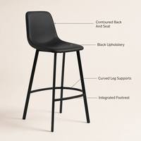Tabouret de bar F20 en cuir PU noir rembourré avec repose-pieds en métal, hauteur 75 cm, pour îlot de cuisine ou comptoir de salle à manger, vente en gros