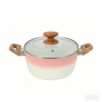 Ensemble de 7 ustensiles de cuisine antiadhésifs dégradé rose avec poignées effet bois, comprenant casseroles, poêles et marmites en aluminium