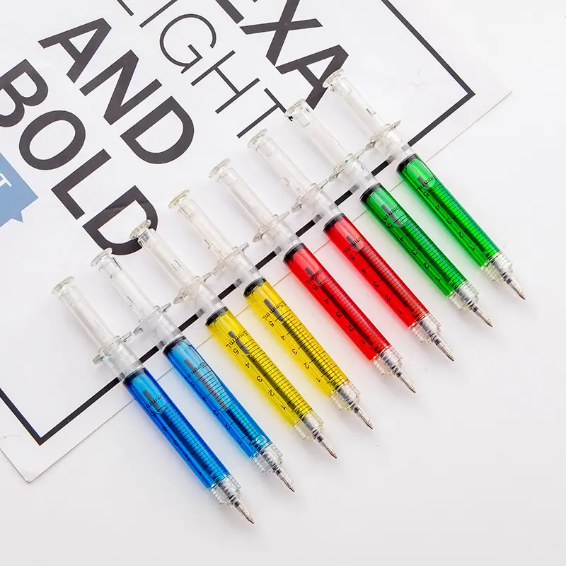Stokta hızlı teslimat özel Logo baskı çok renkli sevimli taşınabilir plastik basın şırınga tükenmez kalemler hediyeler için