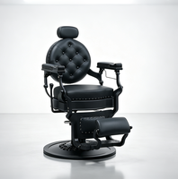 Fauteuil de Barbier Hydraulique Rétro Premium Noir Intégral avec Boutons Capitonnés, Mobilier de Salon pour Salon de Coiffure Masculin