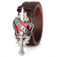 Ceinture Western Personnalisée JULUN en Similicuir pour Homme, Boucle Ornée Tête de Mort et Poignard en Argent Vieilli, Style Punk Gothique pour Jeans