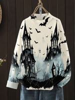 Pull à col rond pour femme, imprimé château hanté, fantômes et chauves-souris, avec transfert thermique, personnalisé, décontracté, pour tous les jours et les fêtes