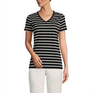 Camisetas de Verano a Rayas para Mujer, Cuello en V, Espalda en U, Manga Corta, 100% Algodón, Secado Rápido, Transpirables, Venta al Por Mayor de Fábrica, OEM, Personalizadas - Product Image 1