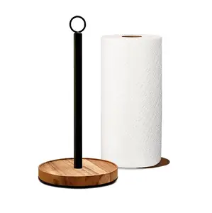 कागज तौलिया धारक Countertop, ठोस बबूल की लकड़ी मोटी धातु आधार के साथ, काले कागज तौलिया धारक फार्महाउस के लिए रसोई