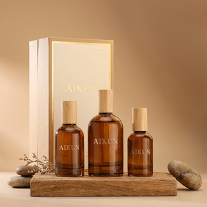 Aikun Low MOQ 30ml 50ml 100ml Amber Glass Perfume <b>Gift</b> Set with Bamboo Cap Water Transfer Logo Beige <b>Box</b> For Brands Custom Scent - Product Image 1