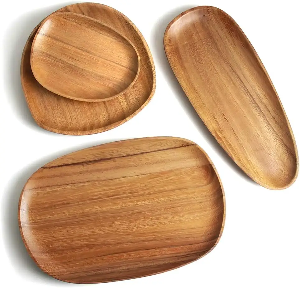 Grosir disesuaikan nampan kayu Acacia piring tidak bisa pecah nampan makanan kayu piring pengisian bulat kayu Acacia piring