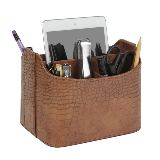 Brown Faux Leather MDF TV Remote Control Holder Organizer with 5 Grids