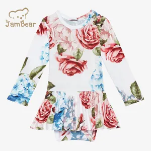 JamBear婴儿紧身衣连衣裙褶边旋转裙紧身衣竹纤维长袖旋转裙紧身衣婴儿花睡衣