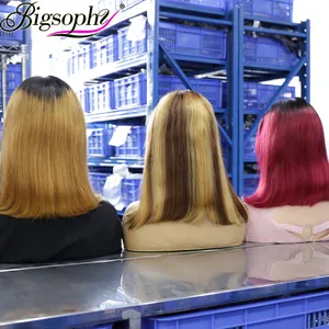 BIGSOPHY Wig renda depan rambut Brasil 12A, Wig depan renda pirang Bob warna-warni, Wig renda Bob lurus rambut manusia Virgin 100%