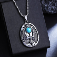 Nouveau collier pendentif rond en acier inoxydable style européen rétro, motif aigle turquoise, tendance hip-hop