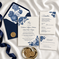 Suite d'invitations de mariage personnalisée bleu marine à motifs floraux avec pochette, sceau de cire, ruban et doublure d'enveloppe imprimée