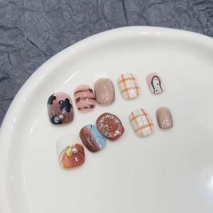<span class=keywords><strong>Uñas</strong></span> Postizas Acrílicas Pintadas a Mano en Tono Marrón Caramelo, Diseño a Cuadros, Alta Calidad, Hechas a Mano, Venta al Por Mayor - Product Image 3