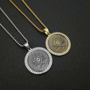 yunnique <b>Titanium</b> Steel Freemasonry Pendant Necklace Round Geometric Pyramid Design Pave Setting Unisex Gift Jewelry - Product Image 1