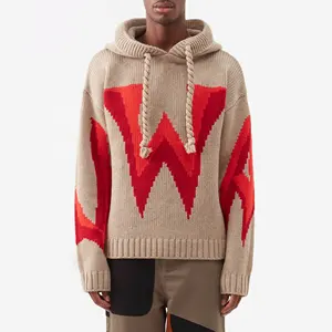 Custom Clothing Manufacturers Intarsia Knit Pullover Hoodie Cotton Jacquard Knitwear Men's Sweater